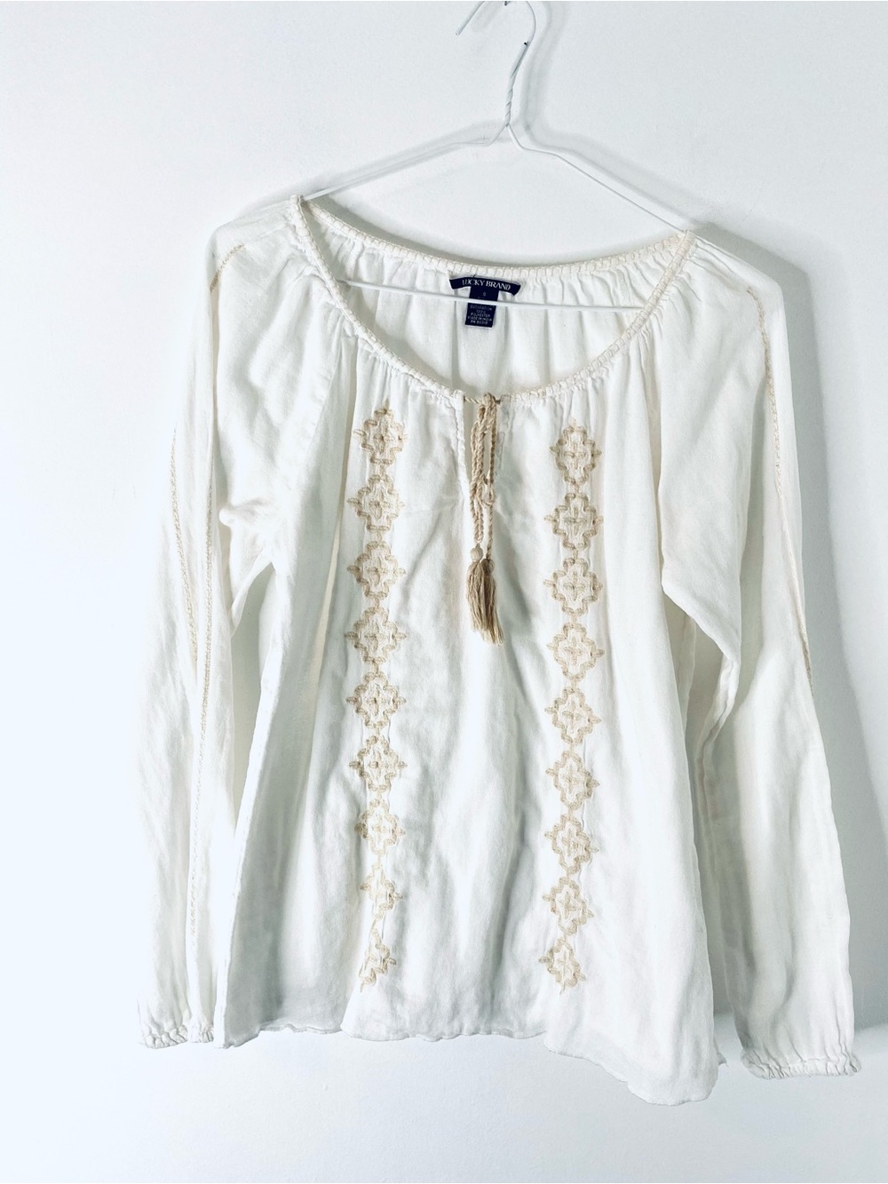 Lucky Brand Ivory Embroidered Boho Peasant Blouse Tassel Tie Long Sleeve